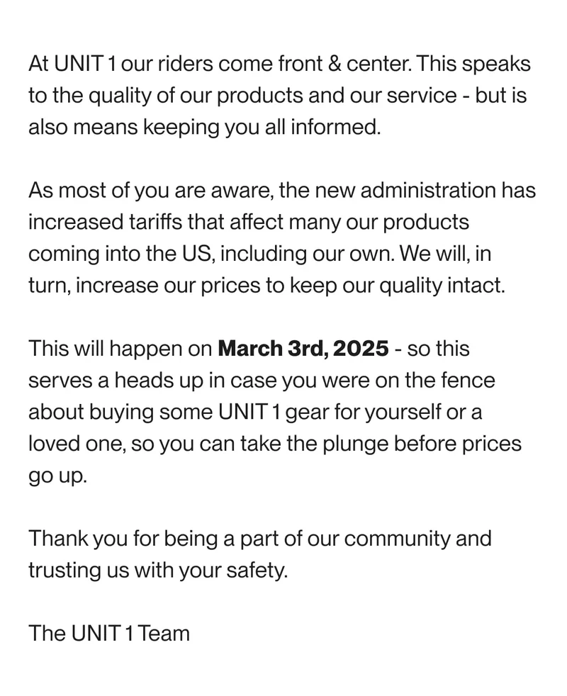 UNIT 1's message explaining upcoming price increases due to tariff changes, effective March 3rd, 2025. Encourages customers to purchase before prices go up.