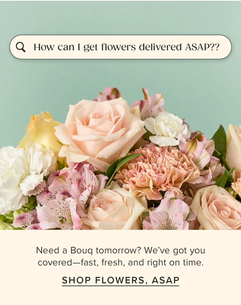 How can I get flowers delivered ASAP?? Need a Bouq tomorrow? We've got you covered--fast, fresh, and right on time. Shop Flowers, ASAP