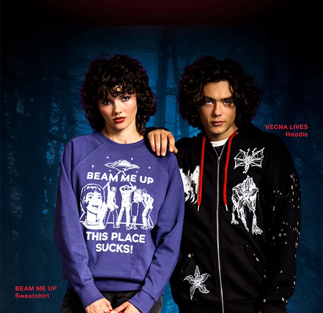 Product Shown: Beam Me Up Sweatshirt, Vecna Lives Hoodie, The Squawk Tote Bag