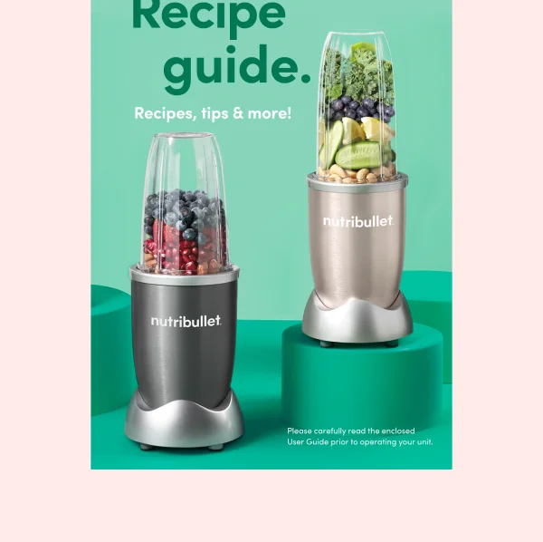 cover of nutribullet recipe guide with two nutribullet blenders.
