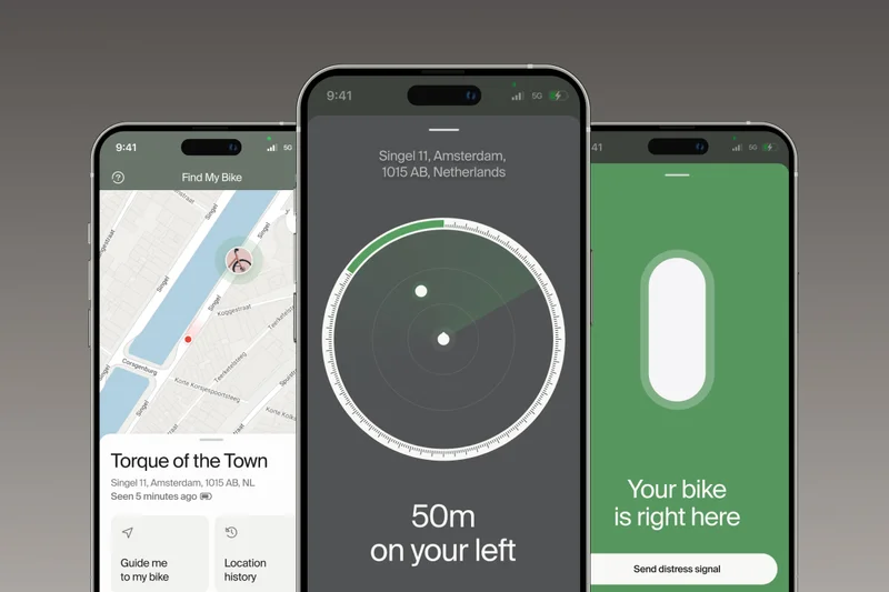 Screenshots of Find My Bike features in the Cowboy app