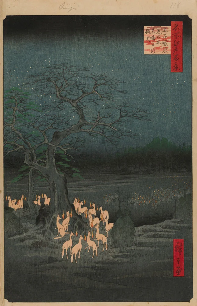 Hiroshige’s “New Year's Eve Foxfires at the Changing Tree, Oji, no. 118 from 100 Famous Views of Edo”