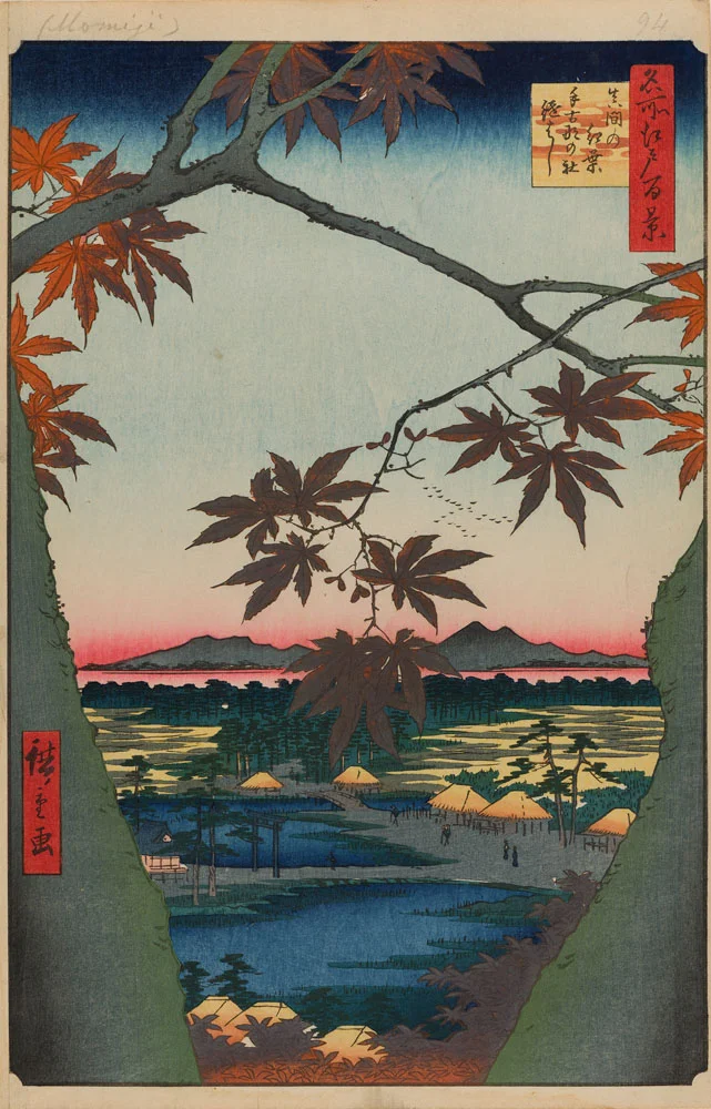 Hiroshige’s “Maple Trees at Mama, Tekona Shrine and Linked Bridge, no. 94 from 100 Famous Views of Edo”
