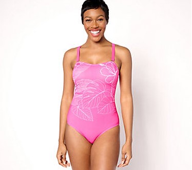 Susan Graver Soleil Embroidered Swimsuit with Removable Strap  Size Plus 32  Luminous Pink