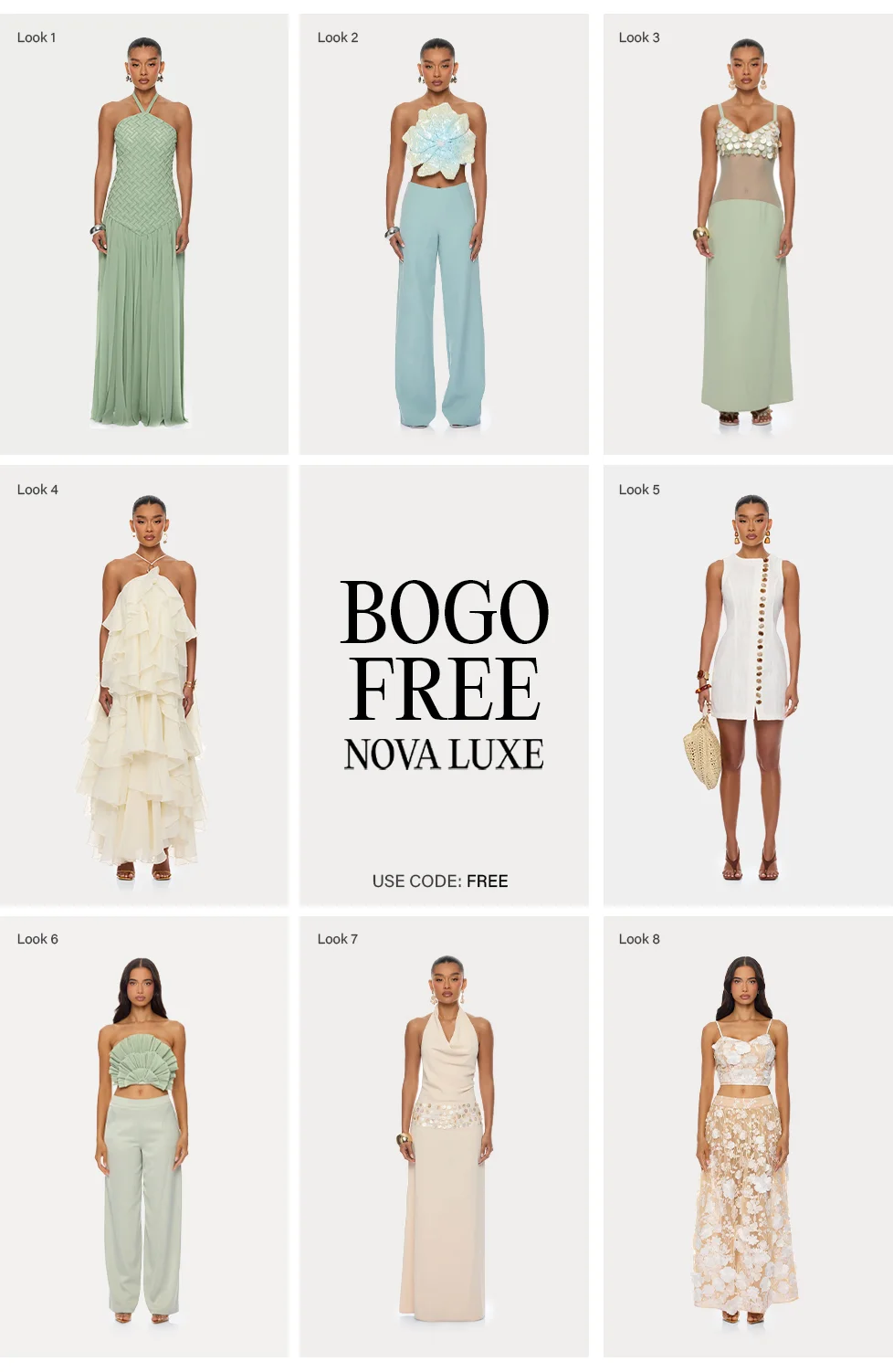 Eight models showcase elegant Nova Luxe collection outfits in pastel colors: green, blue, cream. Central tile: BOGO FREE sale. Shop luxury apparel.
