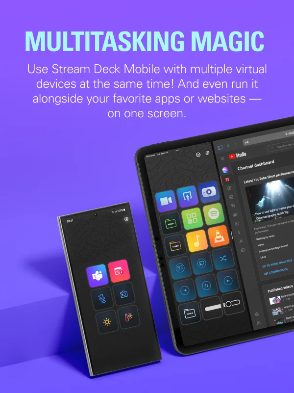 MULTITASKING MAGIC. Use Stream Deck Mobile with multiple virtual devices at the same time! And even run it alongside your favorite apps or websites—on one screen.