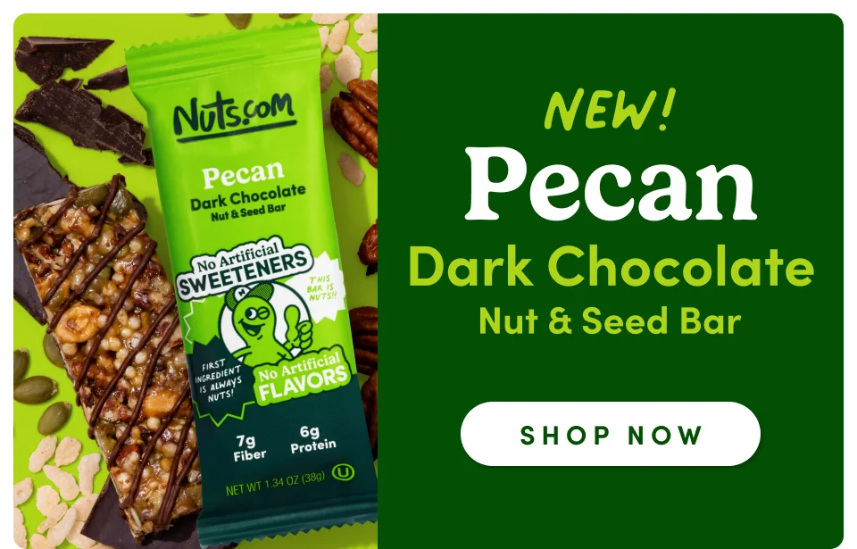 NEW! Pecan Dark Chocolate Nut & Seed Bar; Shop now