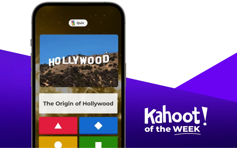 Smartphone displaying a kahoot entitled ''The Origin of Hollywood''