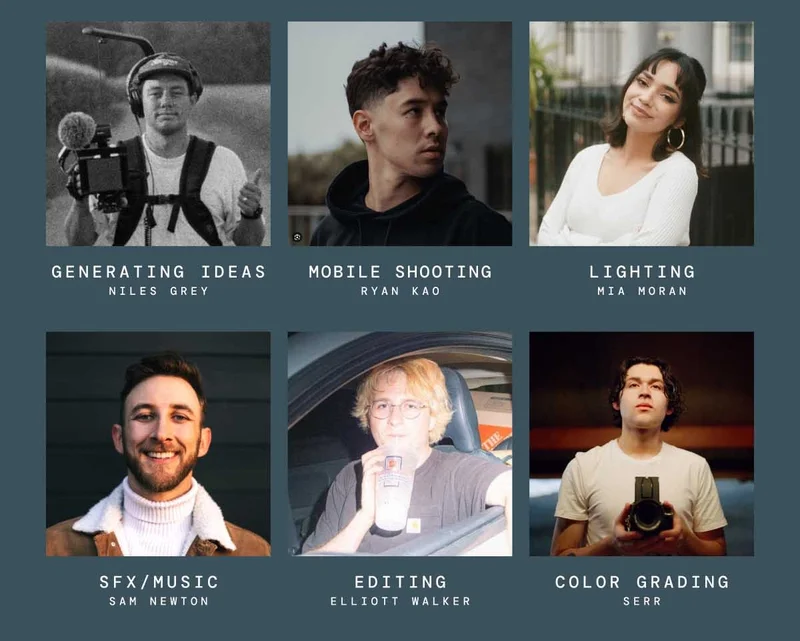 A grid of instructor photos and the subjects they will be teaching. Generating ideas Niles Grey, Mobile Shooting Ryan Kao, Lighting Mia Moran, SFX/Musc Sam Newton, Editing Elliott Walker, Color Grading SERR.