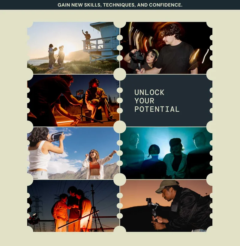 Gain New Skills, Techniques, and Confidence. Unlock Your Potential. Image grid of creators using their phones to film epic scenery and friends.