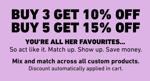 Buy 3 get 10% off, Buy 5 get 15% off