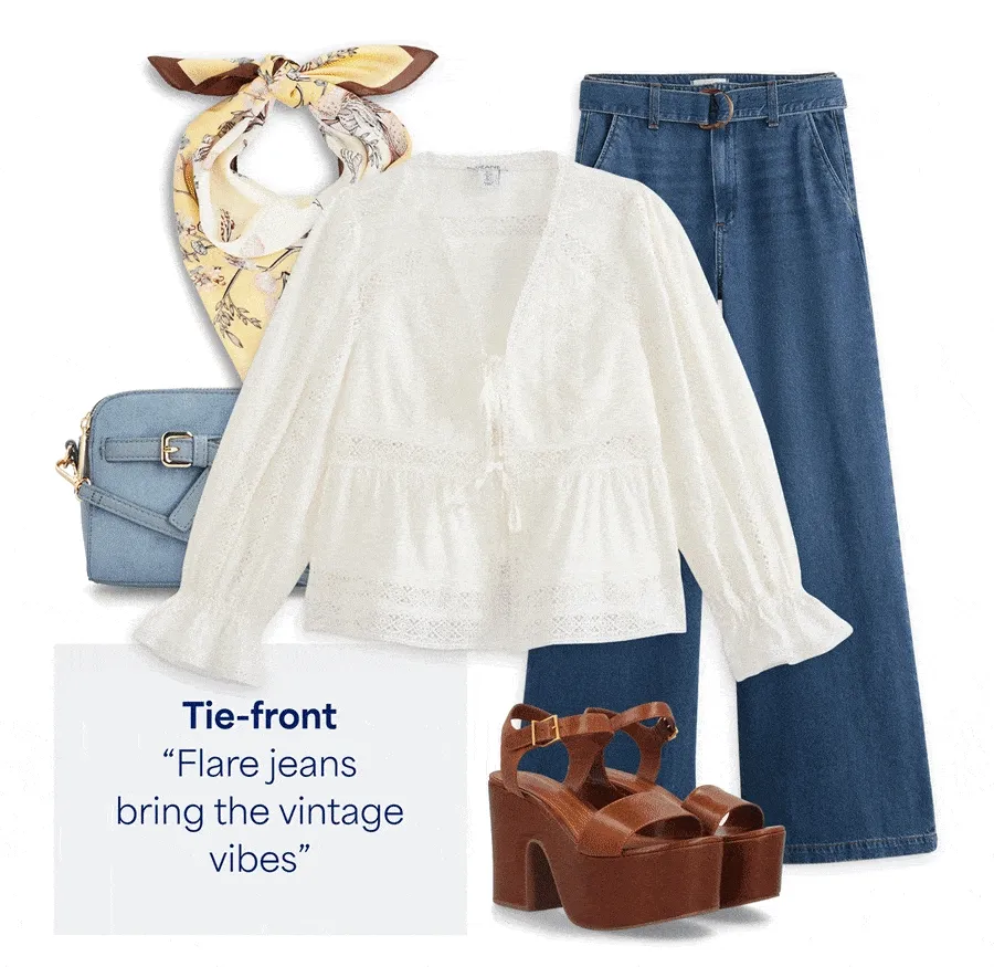 Tie-front: “Flare jeans bring the vintage vibes” Smocked tee: “Pair with capris or a denim skirt—instantly summery” Eyelet cami: “Wear with denim shorts now and jeans&nbsp;later”
