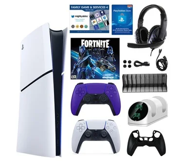 PS5 Slim Digital Console w/ Fortnite Accs. Pack and 2 Controllers