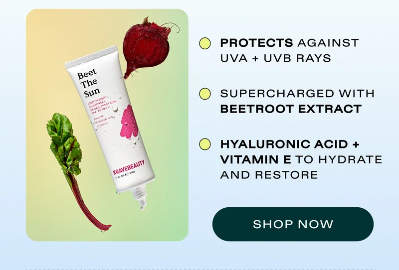 Protects against UVA + UVB rays.  Supercharged with Beetroot Extract.  Hyaluronic acid + vitamin E to hydrate and restore.  |  SHOP BEET THE SUN