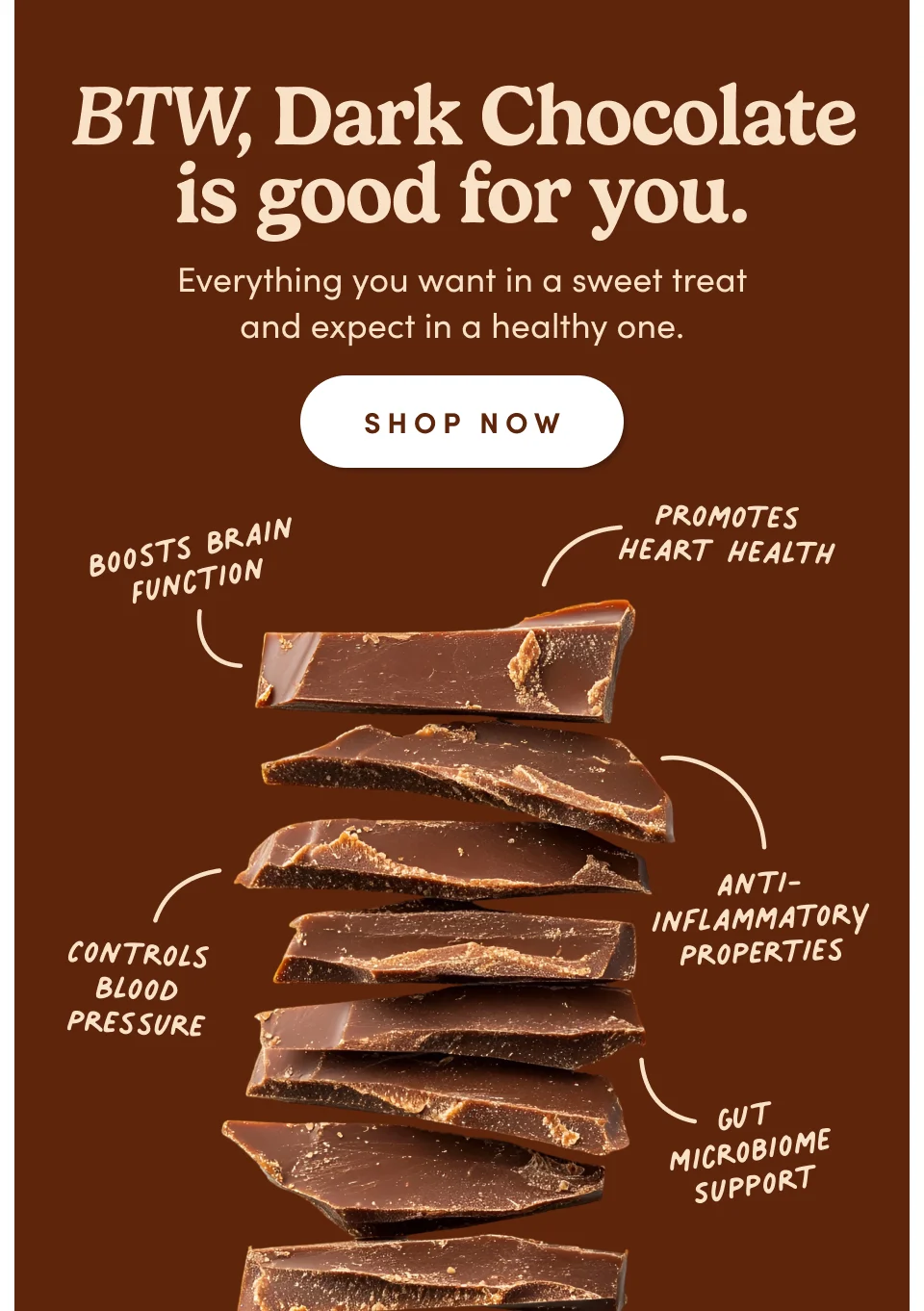BTW, Dark Chocolate is good for you. Everything you want in a sweet treat and expect in a healthy one. Boosts brain function, promotes heart health, controls blood pressure, anti-inflammatory properties, gut microbiome support; Shop now.