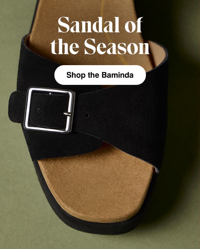 A top-down, close-up view of the new Baminda wedge sandal in Black suede. The email says Sandal of the Season. Shop the Baminda.