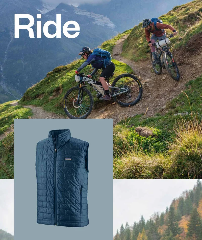 The word ride over a photo of two people mountain biking on a dirt trail in the mountains.  An image of the men’s Nano Puff Vest in dark blue.