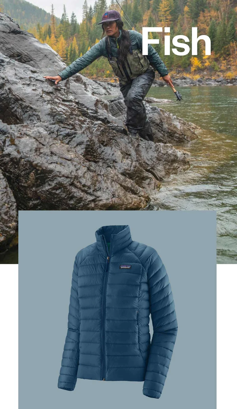 The word fish over a photo of a person holding a fishing pole and climbing across a rock.