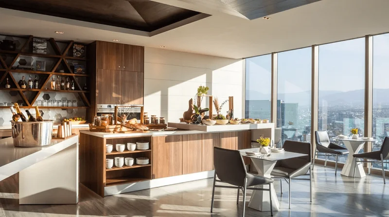 Image Description: The interior of a stylish hotel bar with panoramic views of Mexico City