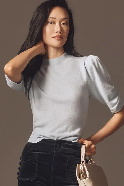 By Anthropologie Wool Cashmere Puff-Sleeve Mock-Neck Sweater