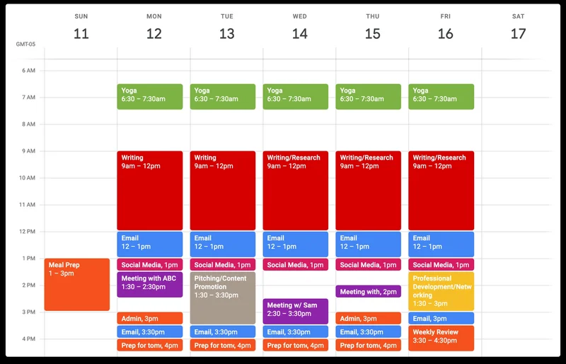 Image of a digital schedule using the Time Blocking Method.