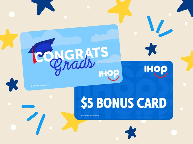 Illustrated gift card that reads Congrats Grads with a grad cap, with a $5 Bonus Card behind it. Background features illustrated stars and excitement lines.