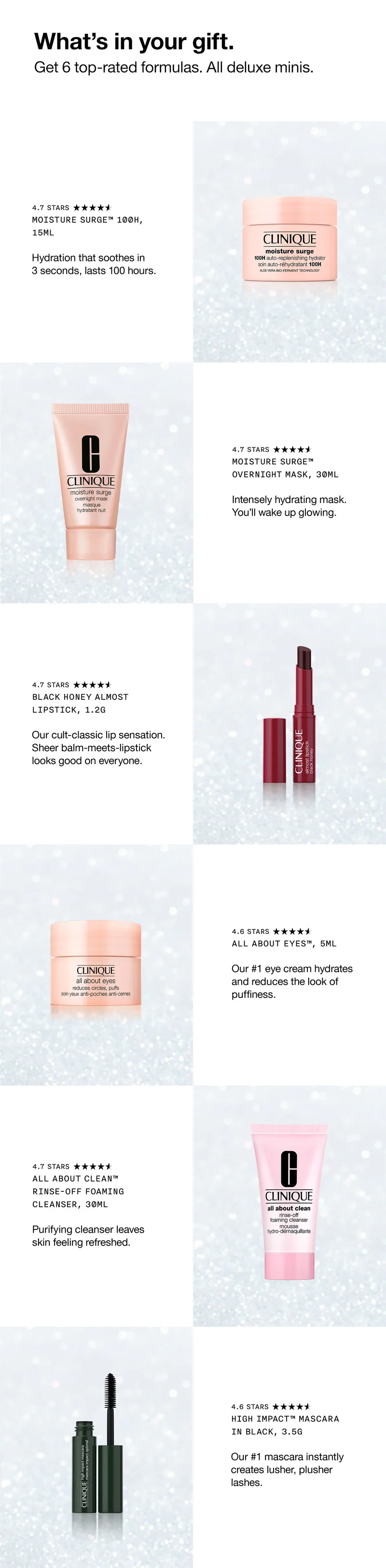 What's in your gift. Get 6 top-rated formulas. All deluxe minis. | Moisture Surge™ 100H, 15ml Hydration that soothes in 3 seconds, lasts 100 hours.| Moisture Surge™ Overnight Mask, 30ml Intensely hydrating mask. You'll wake up glowing.| Black Honey Almost Lipstick, 1.2g Our cult-classic lip sensation. Sheer balm-meets-lipstick looks good on everyone. | All About Eyes™, 5ml Our #1 eye cream hydrates and reduces the look of puffiness.| All About Clean™ Rinse-Off Foaming Cleanser, 30ml Purifying cleanser leaves skin feeling refreshed. | High Impact™ Mascara in Black, 3.5g Our #1 mascara instantly creates lusher, plusher lashes.