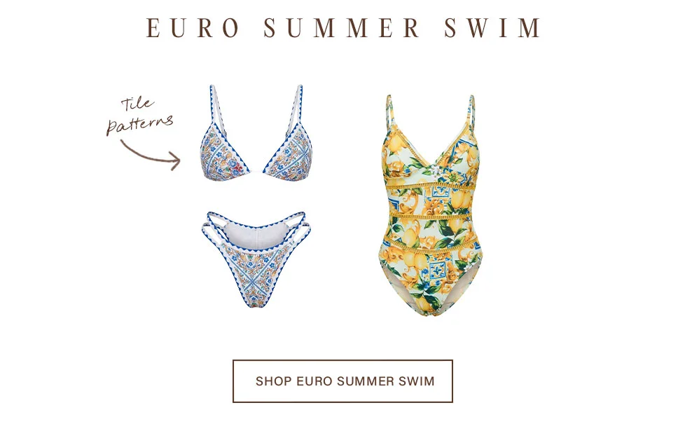 Euro Summer Swim: Blue tile pattern bikini set & lemon print one-piece swimsuit. Shop stylish Mediterranean swimwear.