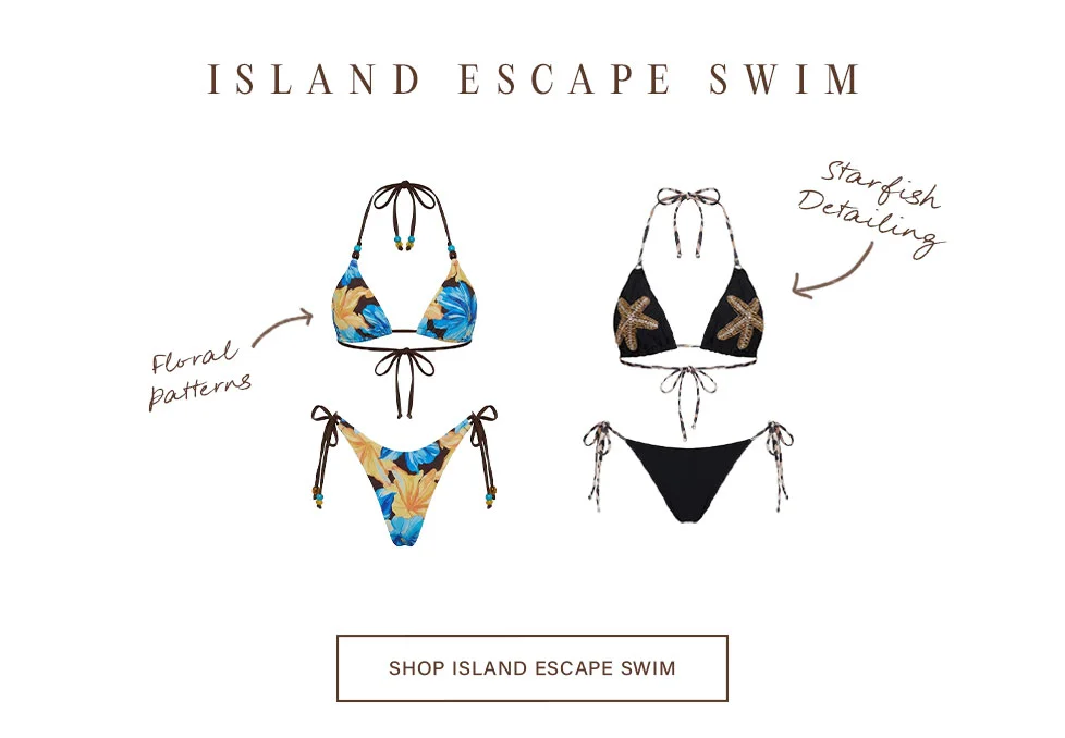 Island Escape Swim bikinis: vibrant floral print and elegant black with gold starfish details. Women's beachwear.
