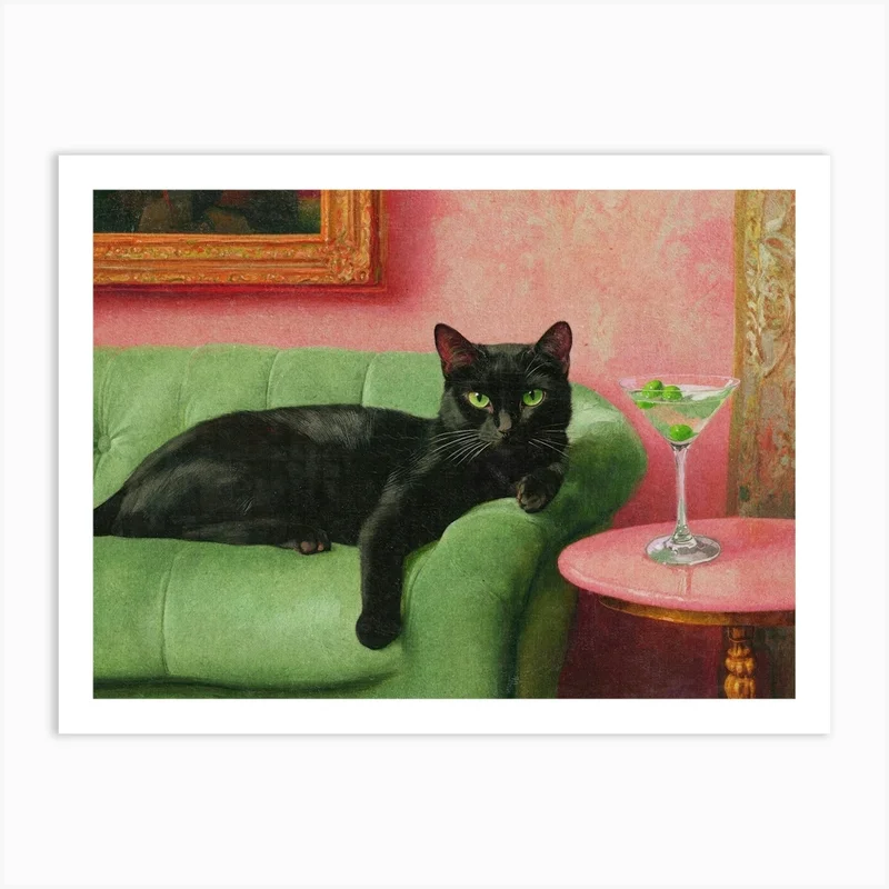 Image of Black Cat With Dirty Martini Cocktail Print Vintage Aesthetic Painting Living Room Decor Art Print