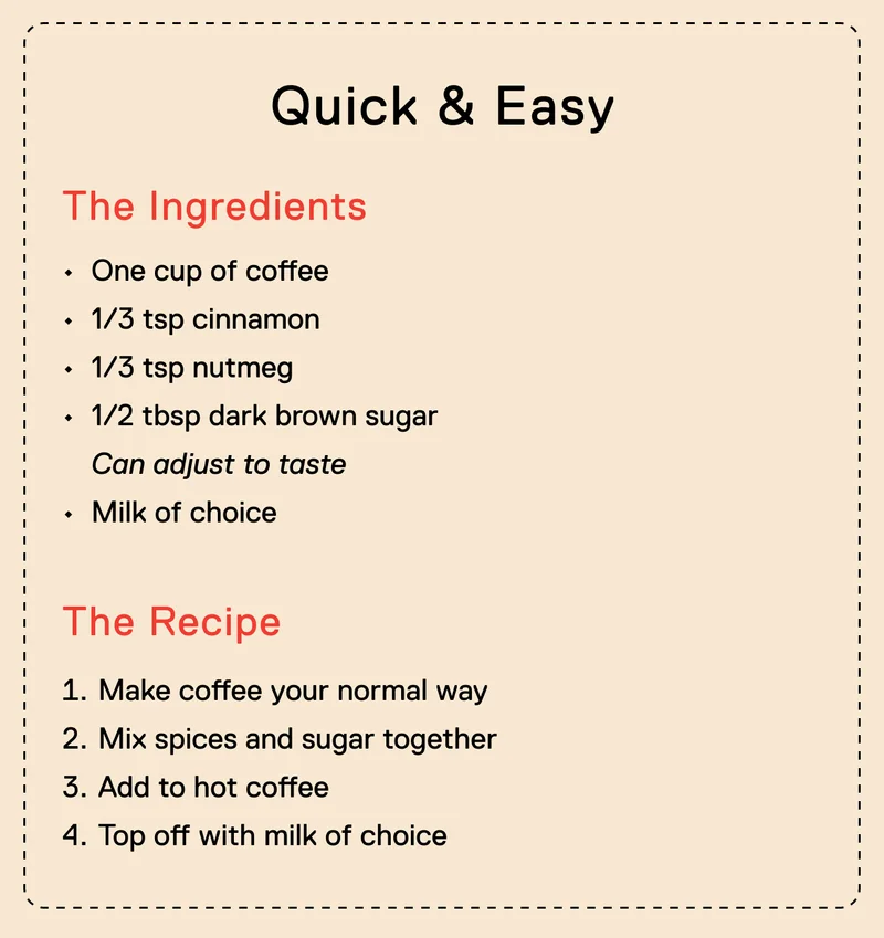 Quick & Easy. The Ingredients: One cup of coffee 1/3 tsp cinnamon 1/3 tsp nutmeg 1/2 tbsp dark brown sugar  Can adjust to taste Milk of choice.  The Recipe: 1. Make coffee your normal way 2. Mix spices and sugar together 3. Add to hot coffee 4. Top off with milk of choice