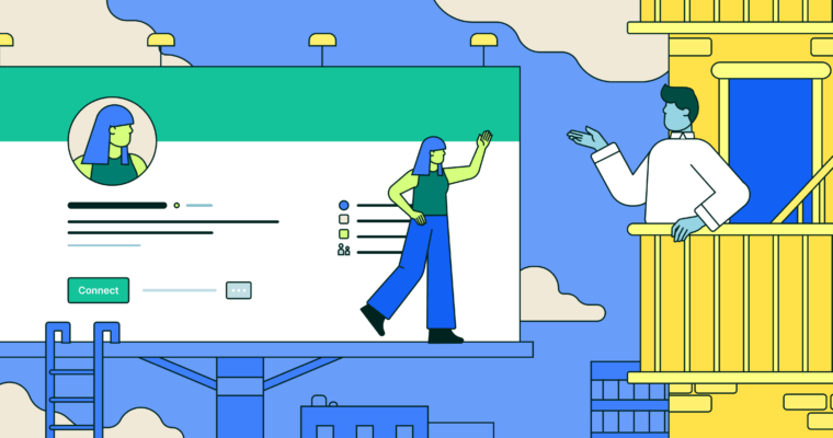 A cartoon billboard with a profile on it and a woman waving at a man on a balcony across from it.