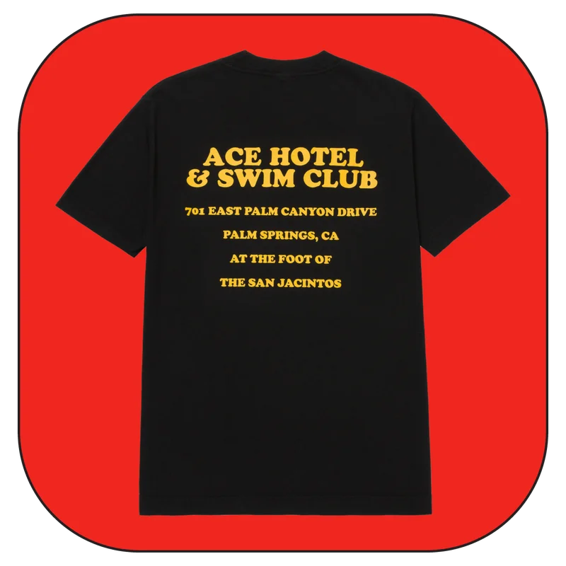 Black T-shirt with 'Ace Hotel & Swim Club' and Palm Springs address in yellow text on the back.