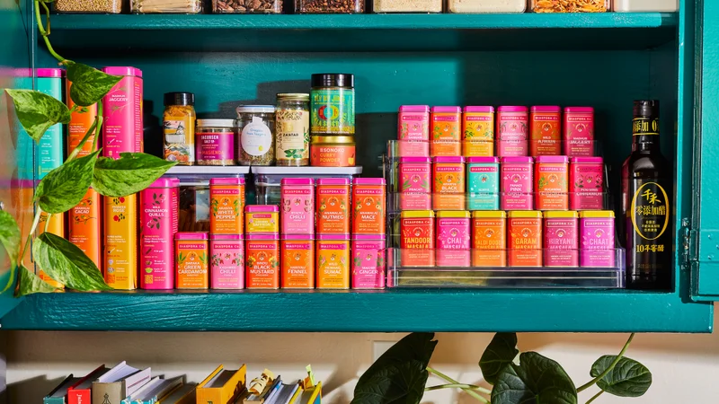 Picture of spice tins stacked on a dark teal kitchen shelf