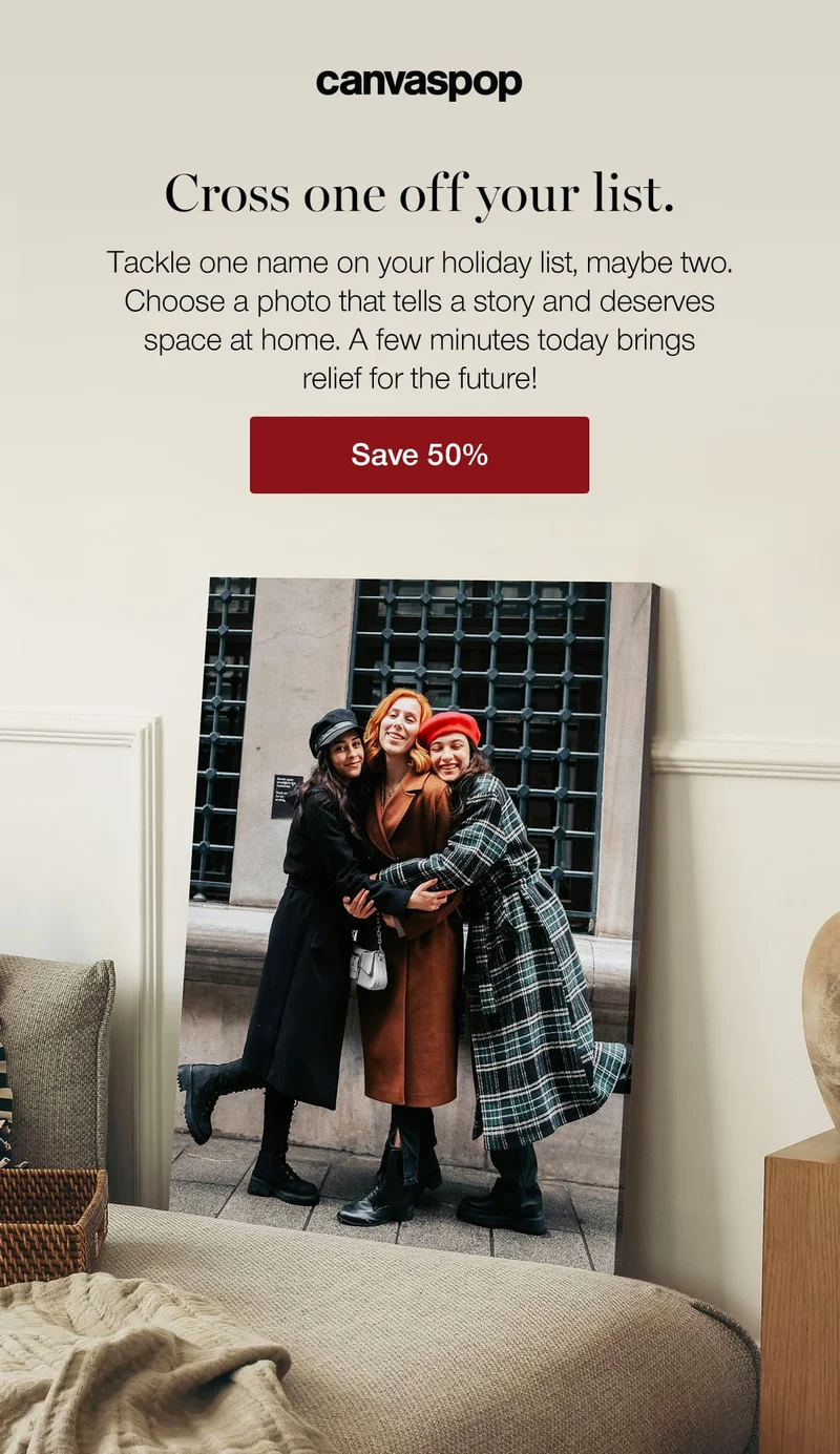 Cross one off your list. Tackle one name on your holiday list, maybe two. Choose a photo that tells a story and deserves space at home. A few minutes today brings relief for the future.