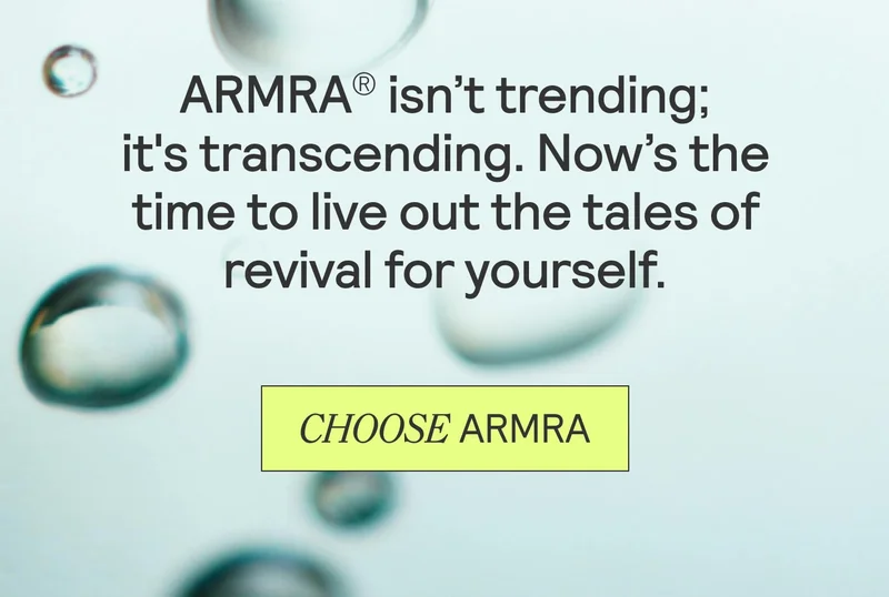 Text reading ‘ARMRA isn’t trending; it’s transcending,’ with a button labeled ‘Choose ARMRA’ over a soft abstract background.