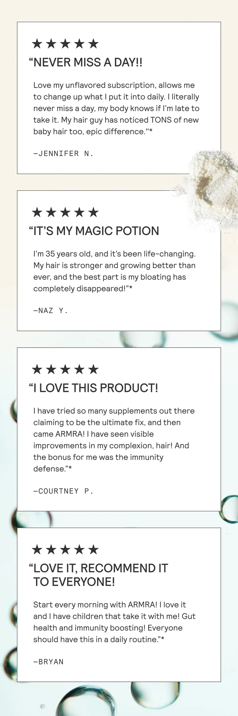 Five-star customer reviews highlighting improved hair growth, reduced bloating, better gut health, and immune support from ARMRA.