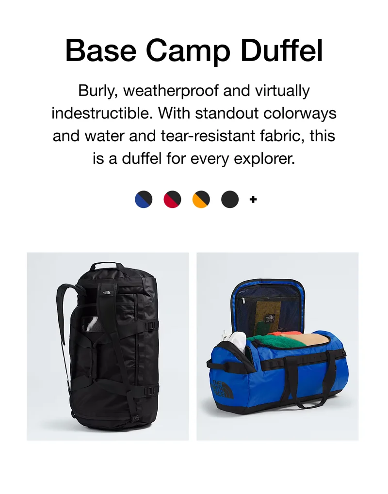 Burly, weatherproof and virtually indestructible. With standout colorways and water and tear-resistant fabric, this is a duffel for every explorer.