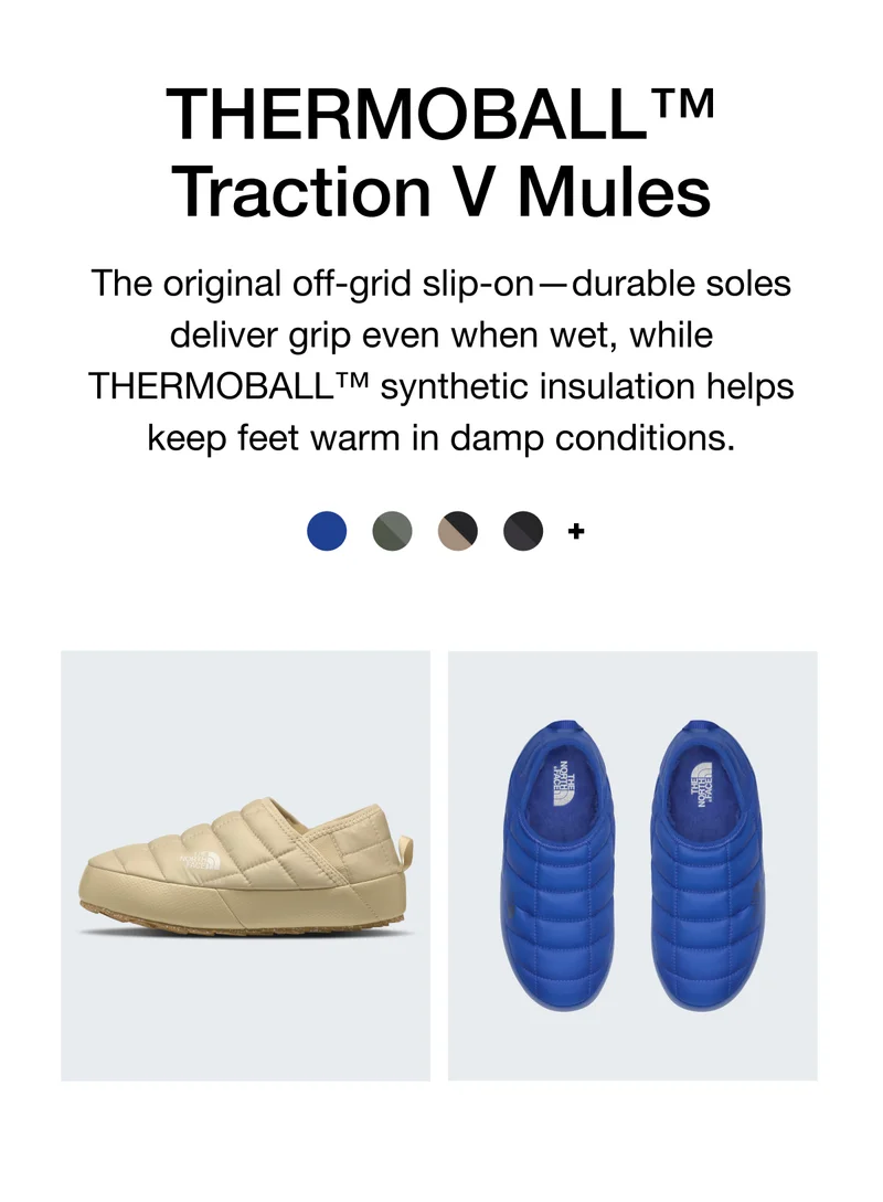 The original off-grid slip-on-durable soles deliver grip even when wet, while THERMOBALL synthetic insulation helps keep feet warm in damp conditions.
