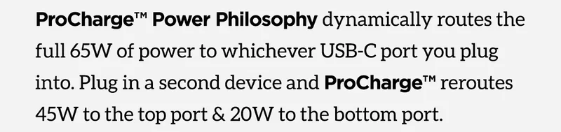 Pro Charge Power Philosophy dynamically routes the full 65W of power to whichever USB-C port you plug into. Plug in a second device and ProCharge reroutes 45W to the top port & 20W to the bottom port.
