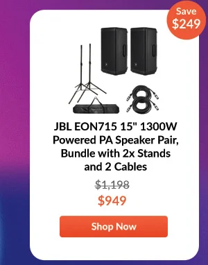 JBL EON715 15 1300W Powered PA Speaker Pair, Bundle with 2x Stands and 2 Cables