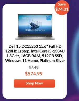 Dell 15 DC15250 15.6 Full HD 120Hz Laptop, Intel Core i5-1334U 1.3GHz, 16GB RAM, 512GB SSD, Windows 11 Home, Platinum Silver