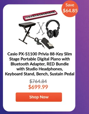 Casio PX-S1100 Privia 88-Key Slim Stage Portable Digital Piano with Bluetooth Adapter, RED Bundle with Studio Headphones, Keyboard Stand, Bench, Sustain Pedal