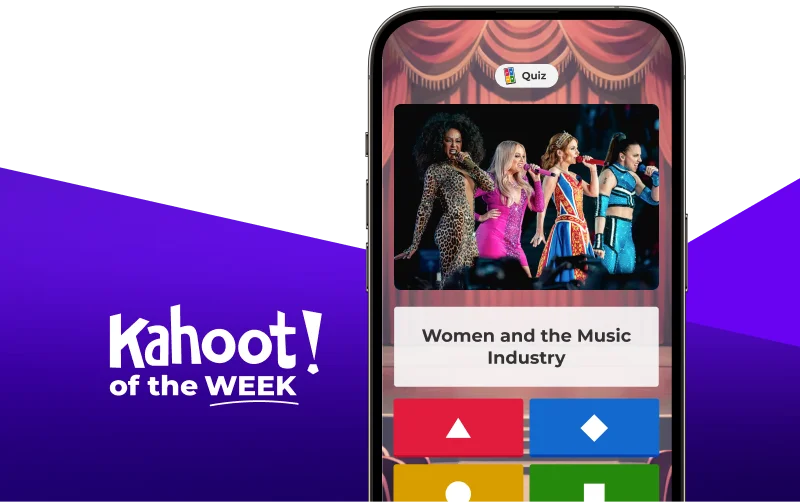iPhone displaying a kahoot entitled ''Women and the Music Industry''