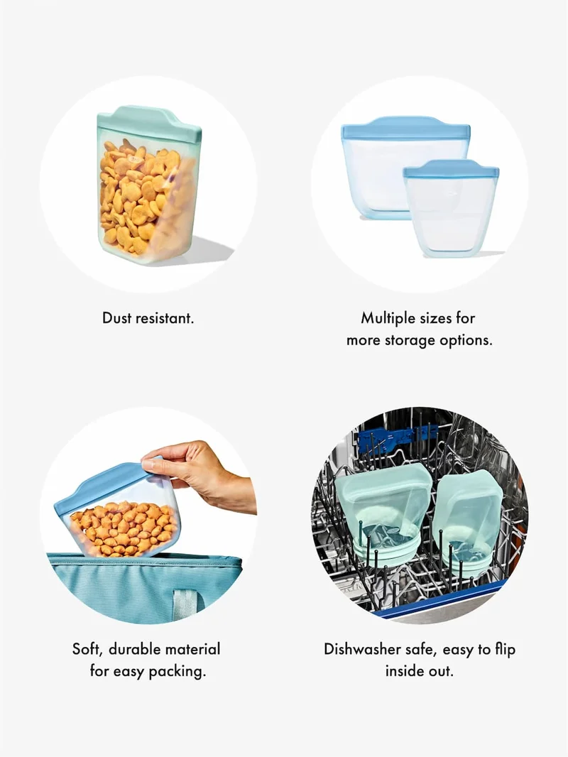 Dust resistant. Multiple sizes for  more storage options. Soft, durable material  for easy packing. Dishwasher safe, easy to flip inside out.