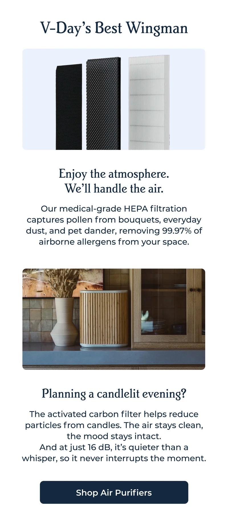 V-Day's Best Wingman Enjoy the atmosphere. We’ll handle the air. Our medical-grade HEPA filtration captures pollen from bouquets, everyday dust, and pet dander, removing 99.97% of airborne allergens from your space. Planning a candlelit evening? The activated carbon filter helps reduce particles from candles. The air stays clean, the mood stays intact. And at just 16 dB, it’s quieter than a whisper, so it never interrupts the moment.
