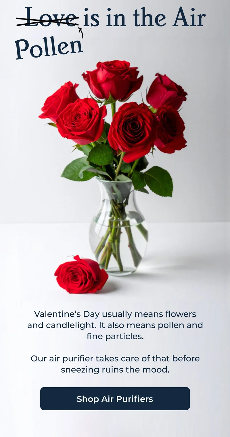 Love* is in the air *Pollen | Valentine’s Day usually means flowers and candlelight. It also means pollen and fine particles.  Our air purifier takes care of that before sneezing ruins the mood.| Shop Now