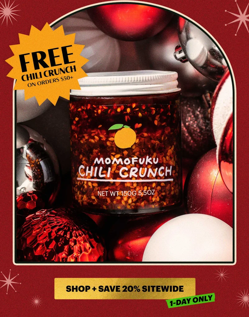 Badge: FREE CHILI CRUNCH ON ORDERS $50+. CTA: SHOP + SAVE 20% SITEWIDE. TAG: 1-DAY ONLY