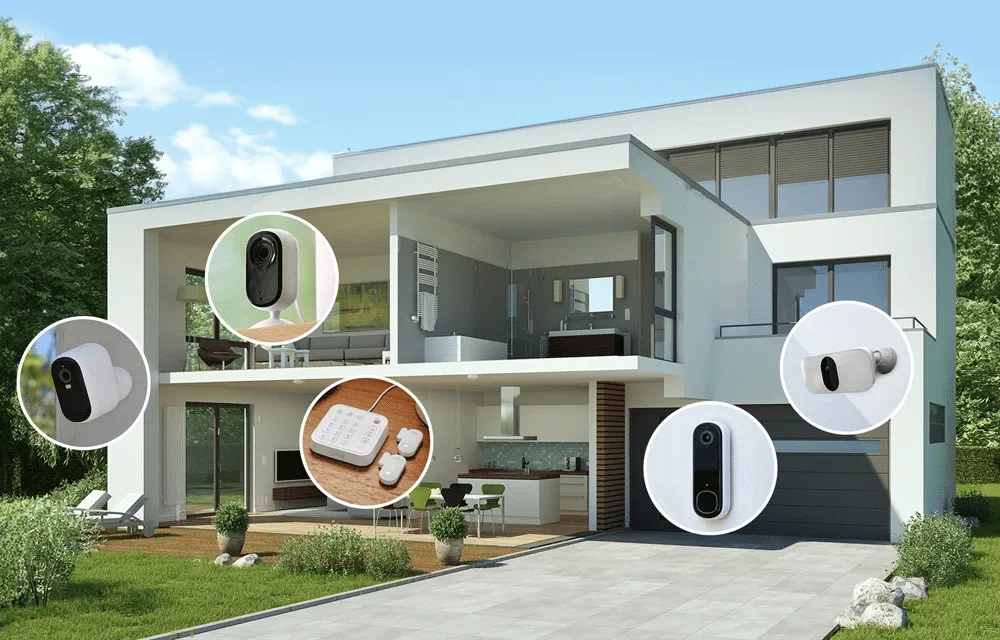 Various arlo security products with blinking circles over an image of a house.