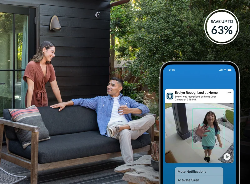Up to 63% off. Various Arlo home security products near people outside on a patio. A phone displaying a simulated screen image of an Arlo Secure notification shows a girl on the front door camera.